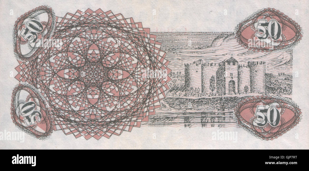 Diese 1992 ausgegebene 50-Cupon-Banknote aus Moldau spiegelt das postsowjetische Währungssystem des Landes wider. Die Notiz stellt den Übergang Moldaus zur Unabhängigkeit nach der Auflösung der Sowjetunion dar. Stockfoto