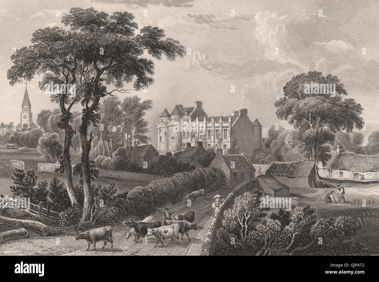 Falkland Palace & Stadt, Fife. Schottland, antiken print 1845 Stockfoto