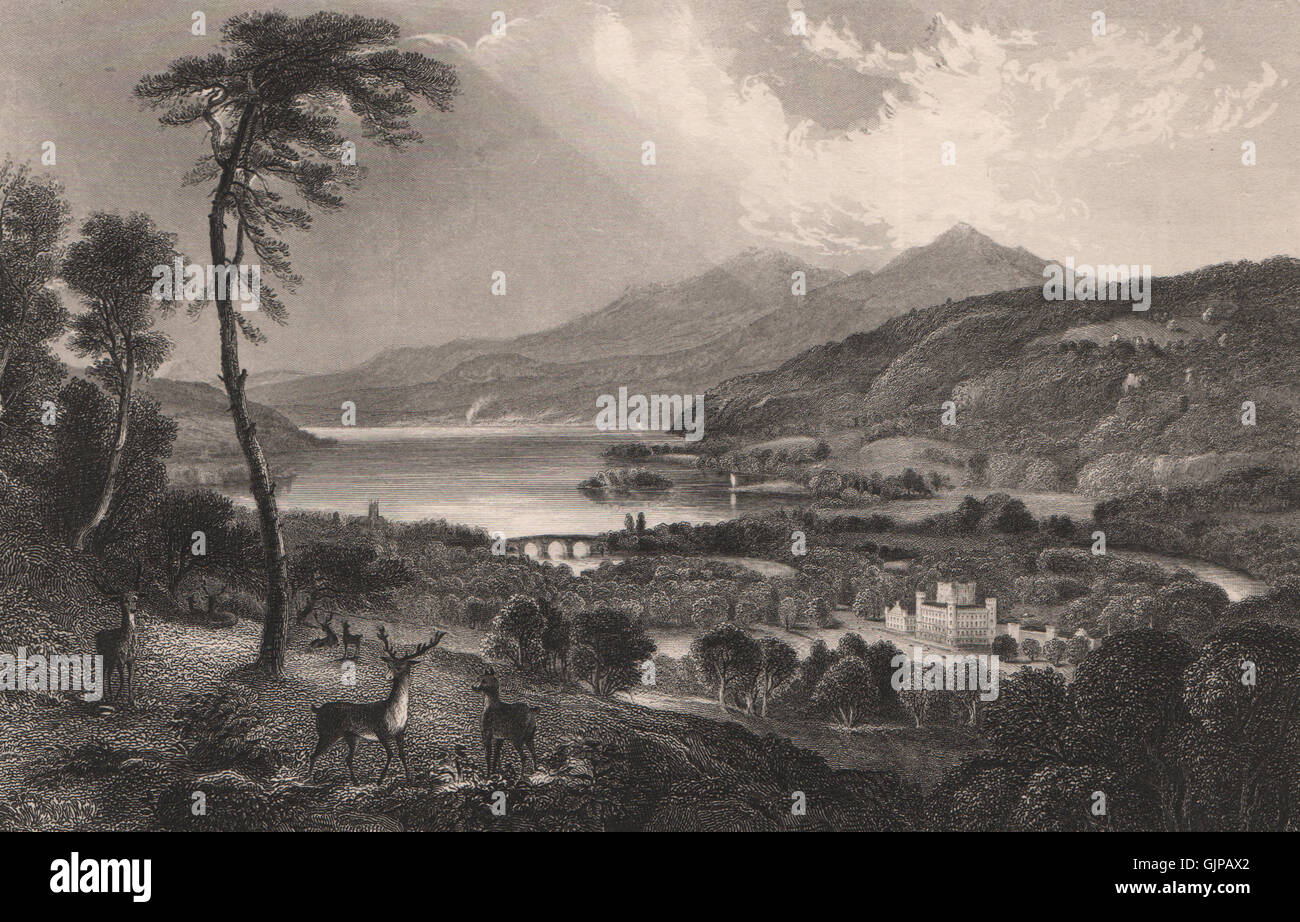 Loch Tay und Taymouth Burg. Schottland, antiken print 1845 Stockfoto