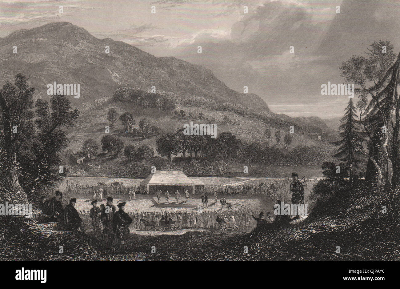 Die St. Fillan Highland Games. Schottland, antiken print 1845 Stockfoto