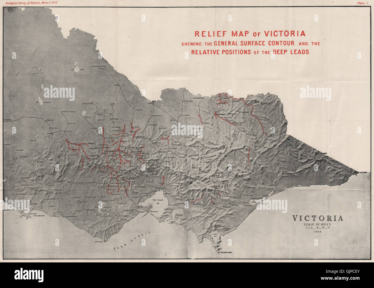 VICTORIA Australien Relief. Relative Position der Tiefe führt. Bergbau-1909-Karte Stockfoto