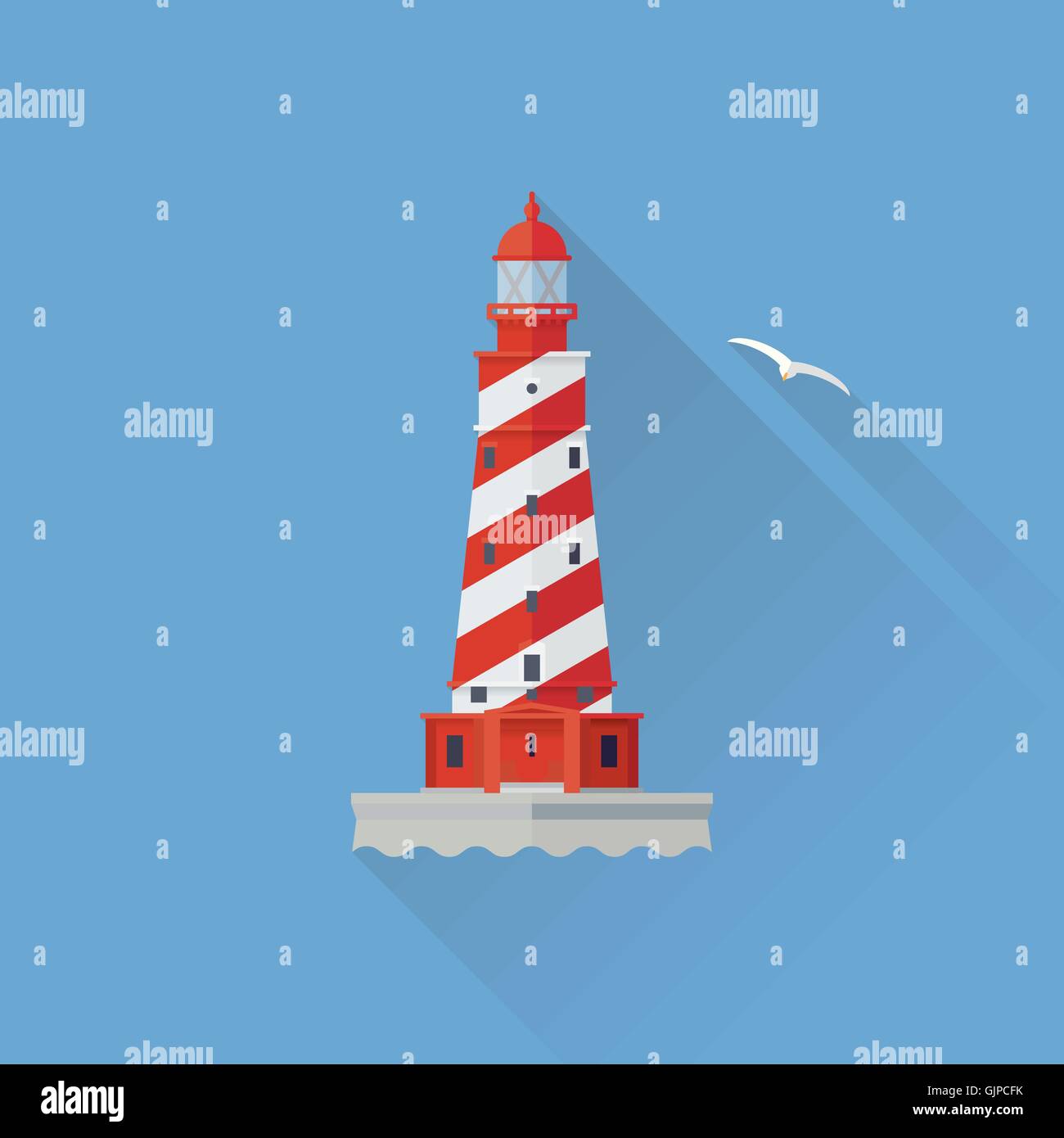 Weiße Shoal Leuchtturm flache Designikone lange Schatten auf blauem Hintergrund mit Möwe Stock Vektor