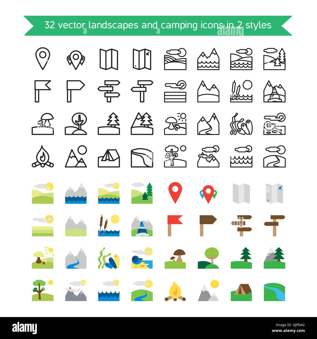 Landschaften und camping 32 Icons Set. Natur und Reisen Symbole. Ökologie und geologischen Zeichen. Vektor Stock Vektor