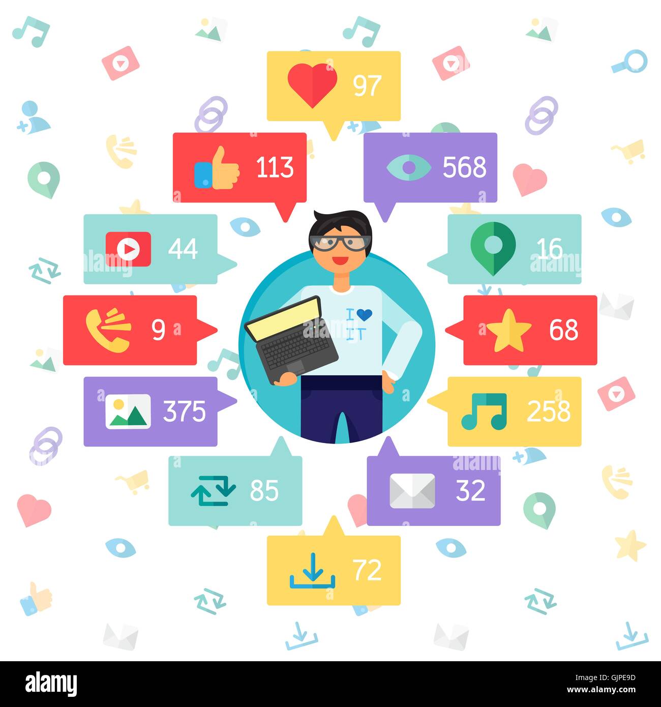 Web-Leben der Admin oder Programmierer - Blog und soziale Netzwerke, Online-shopping und e-Mail, Dateien von Videos, Bildern und Fotos. Sie ca Stock Vektor Web-Leben der Admin oder Programmierer - Blog und soziale Netzwerke, Online-shopping und e-Mail, Dateien von Videos, Bildern und Fotos. Sie ca Stock Vektor