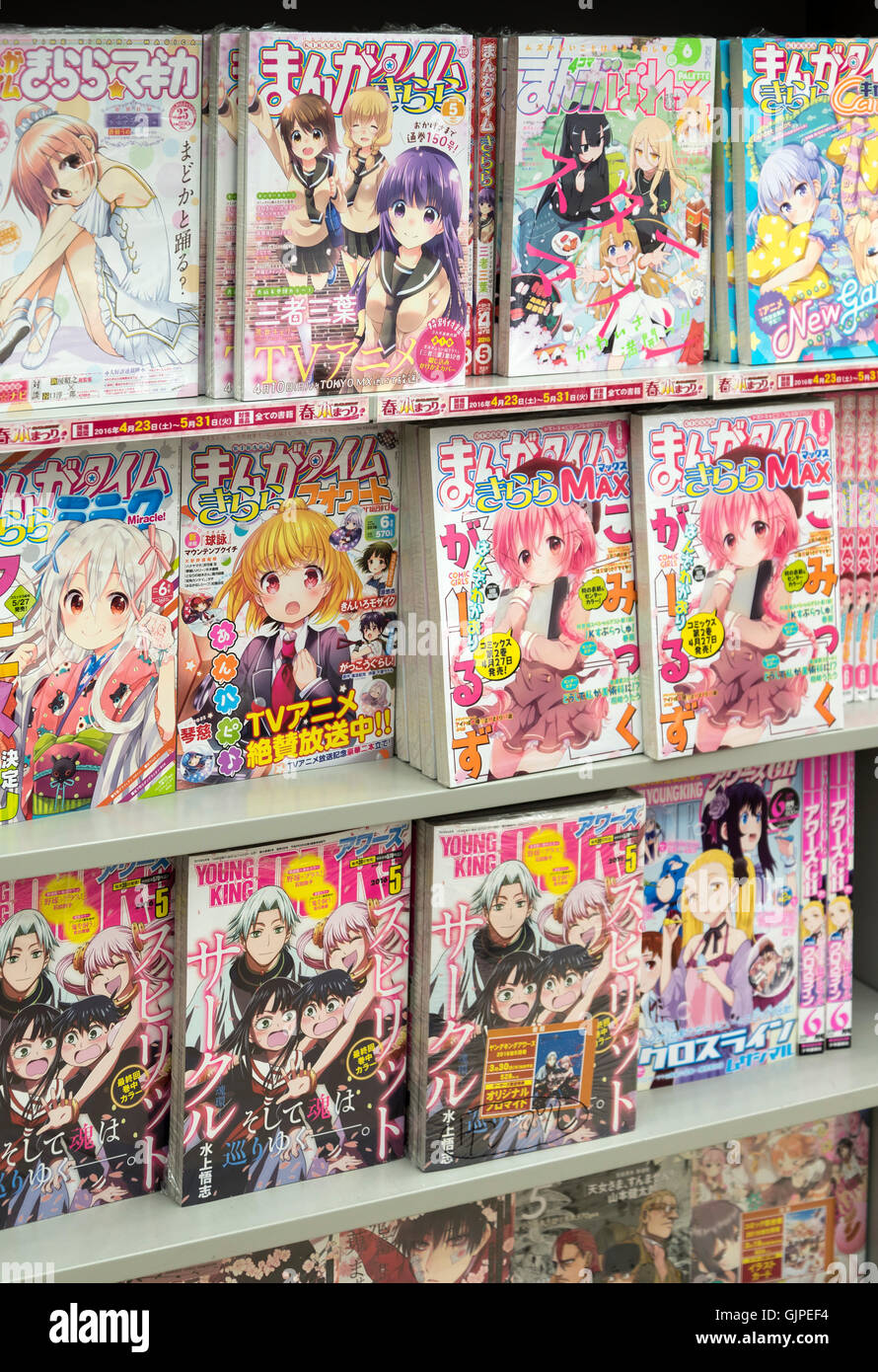 Bücherregal mit Anime-Comic-Bücher und Magazine in einem Geschäft in Akihibara, Tokio, Japan Stockfoto