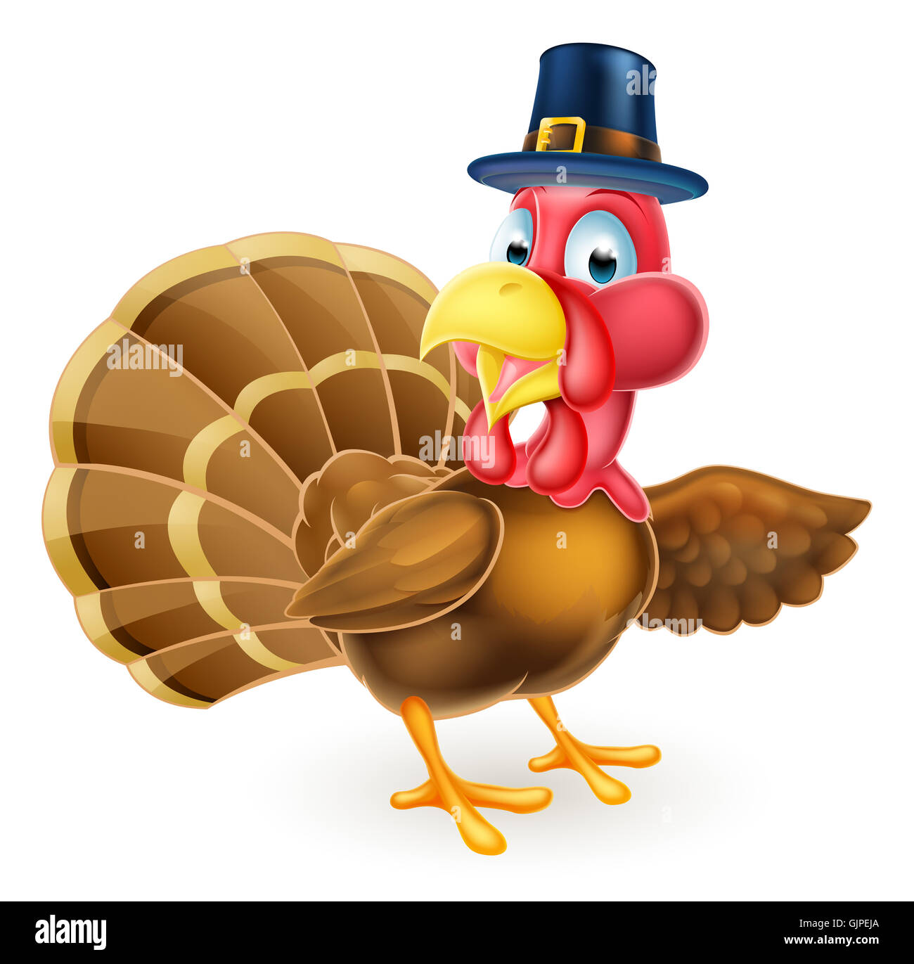 Cartoon-Thanksgiving Türkei Vogel in Pilgrim Hut zeigt mit seinen Flügel Stockfoto