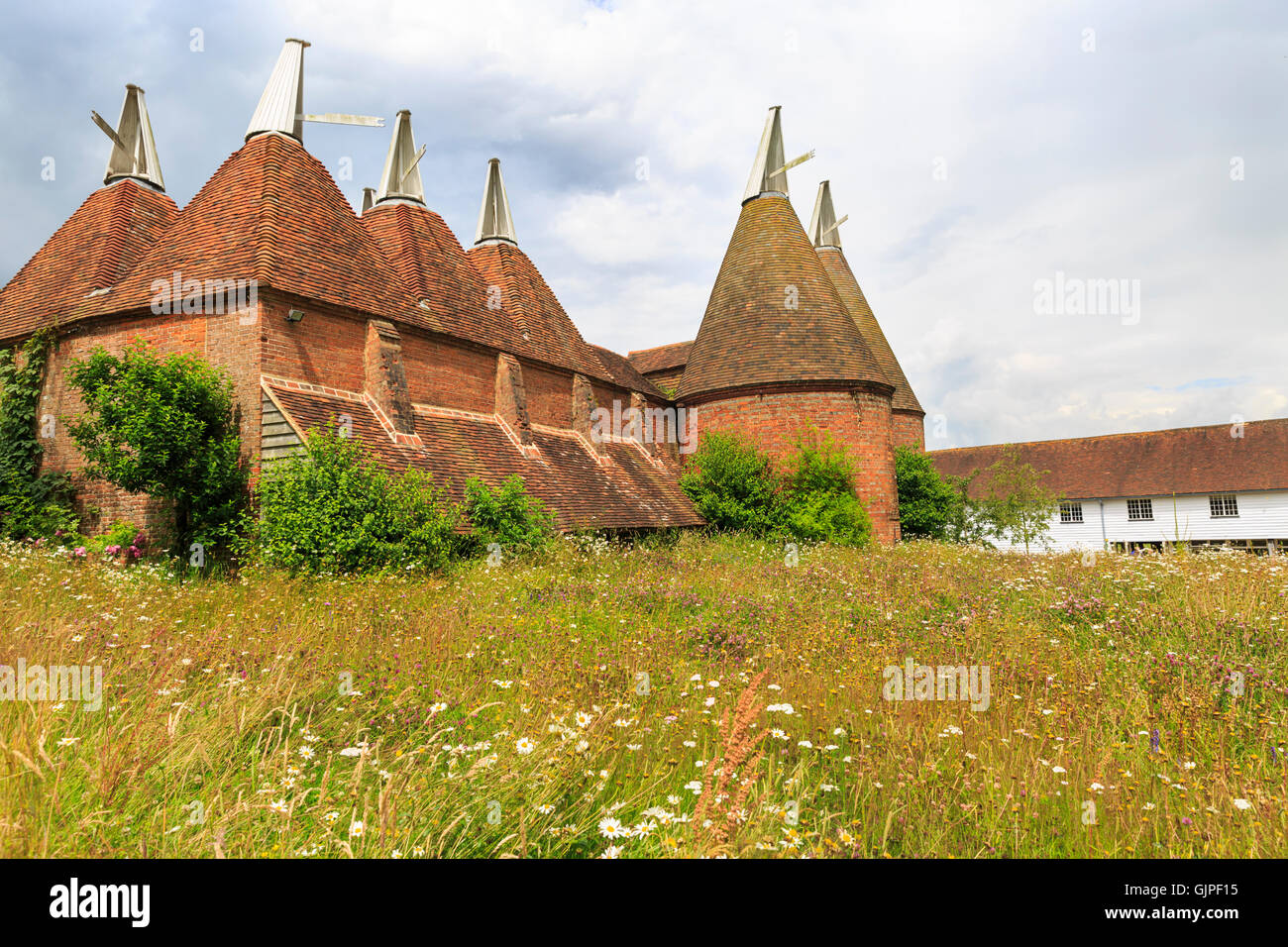 Traditionellen Kentish Oast House, auch genannt Hop Brennofen auf Sissinghurst Castle Estate, Kent, England Stockfoto