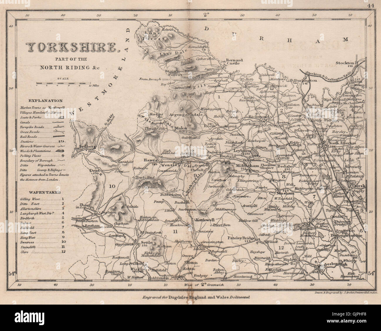 YORKSHIRE, NORTH WEST county Karte zeigt Wapentakes von DUGDALE/ARCHER, 1845 Stockfoto