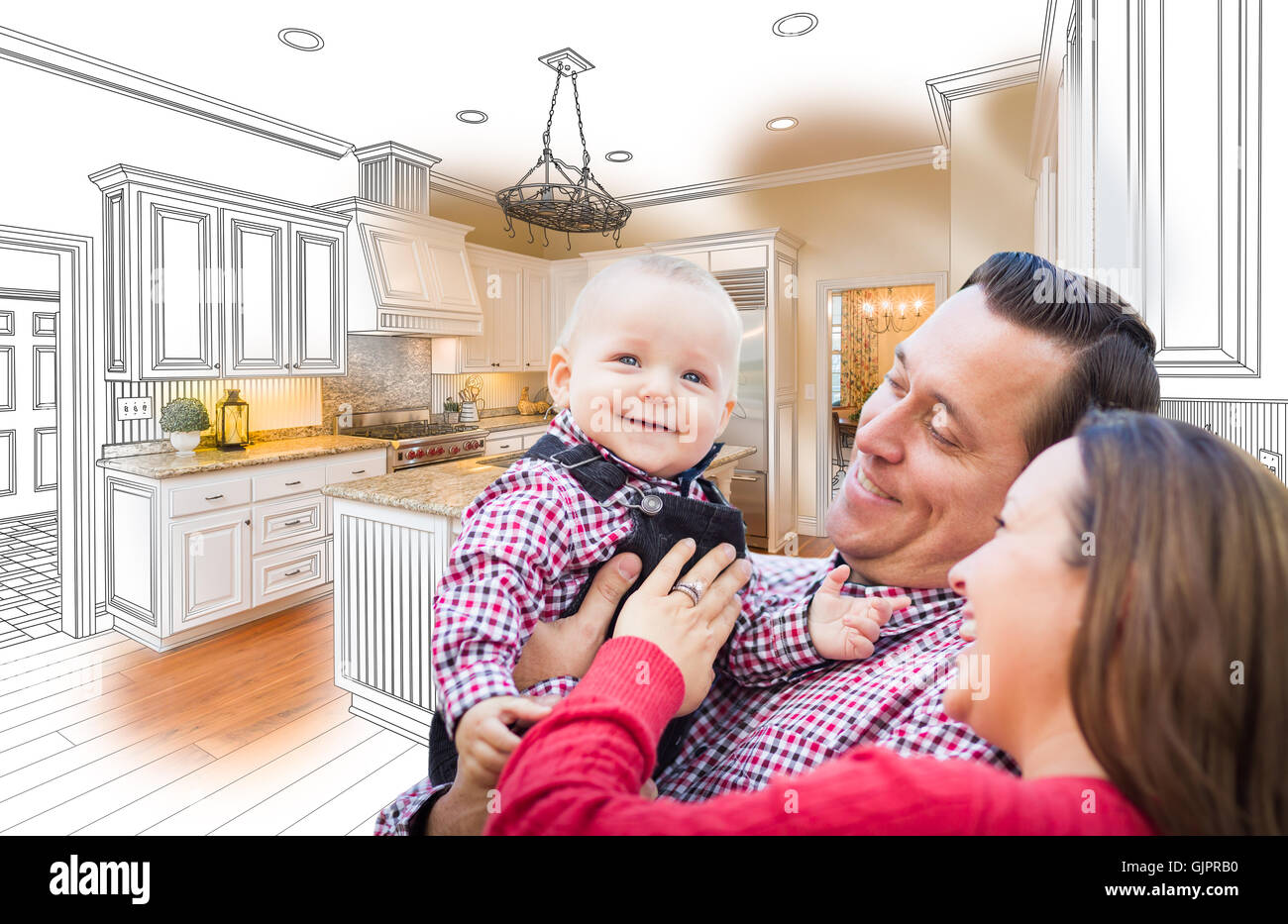 Glückliche junge Familie über kundenspezifische Küche Design, Zeichnung und Foto-Kombination. Stockfoto