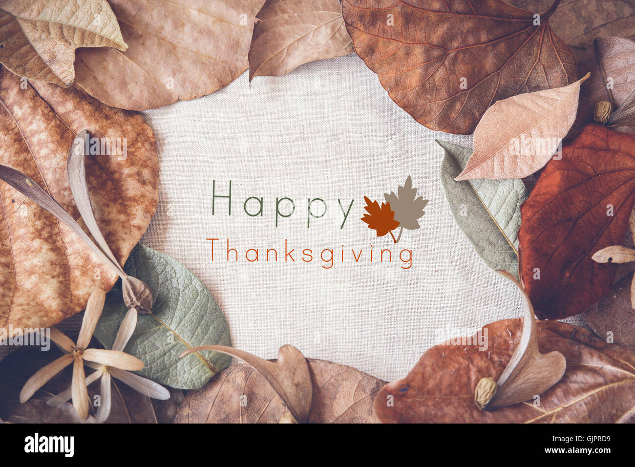 Happy Thanksgiving auf Autumn Leaves toning-Hintergrund Stockfoto