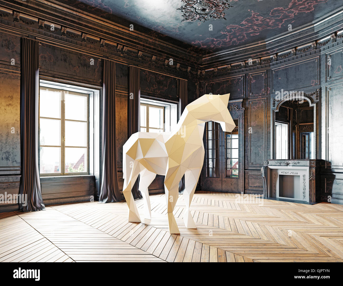 Lowpoly Stil Pferd im luxuriösen Innenraum. 3D Rendering-Konzept Stockfoto