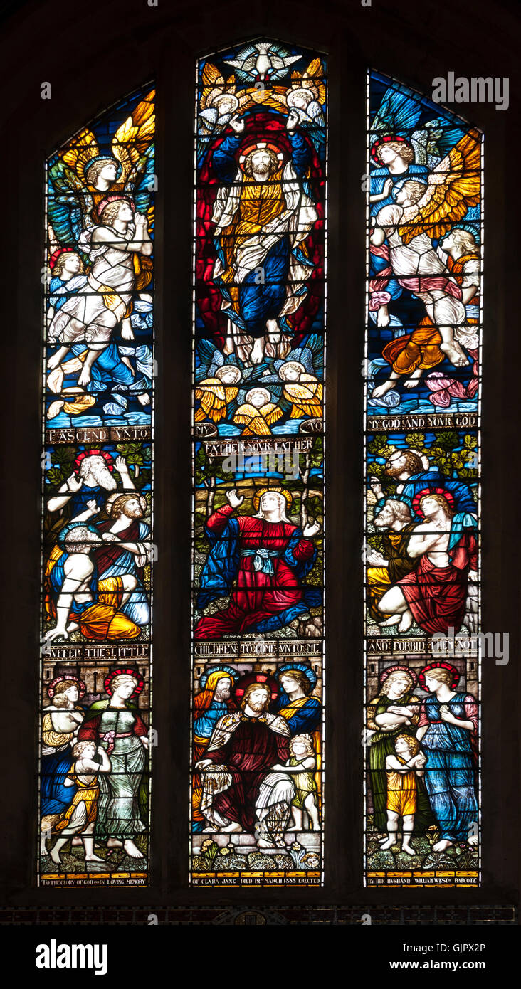 Glasmalerei im südlichen Querschiff, Str. Marys Kirche, Buckland, Oxfordshire, England, UK Stockfoto