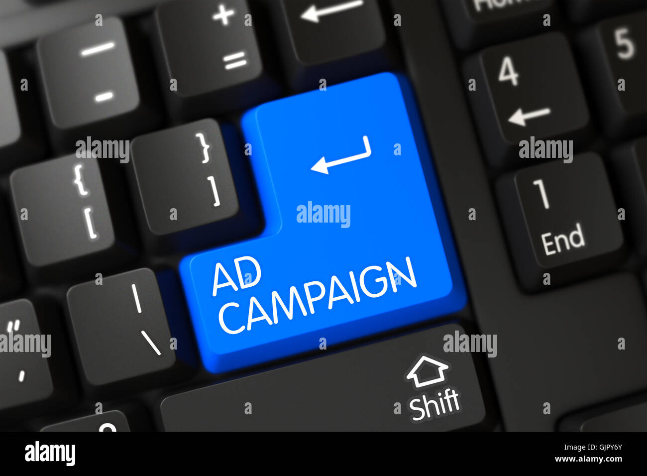 Blaue Anzeige Kampagne Schlüssel auf der Tastatur. Stockfoto