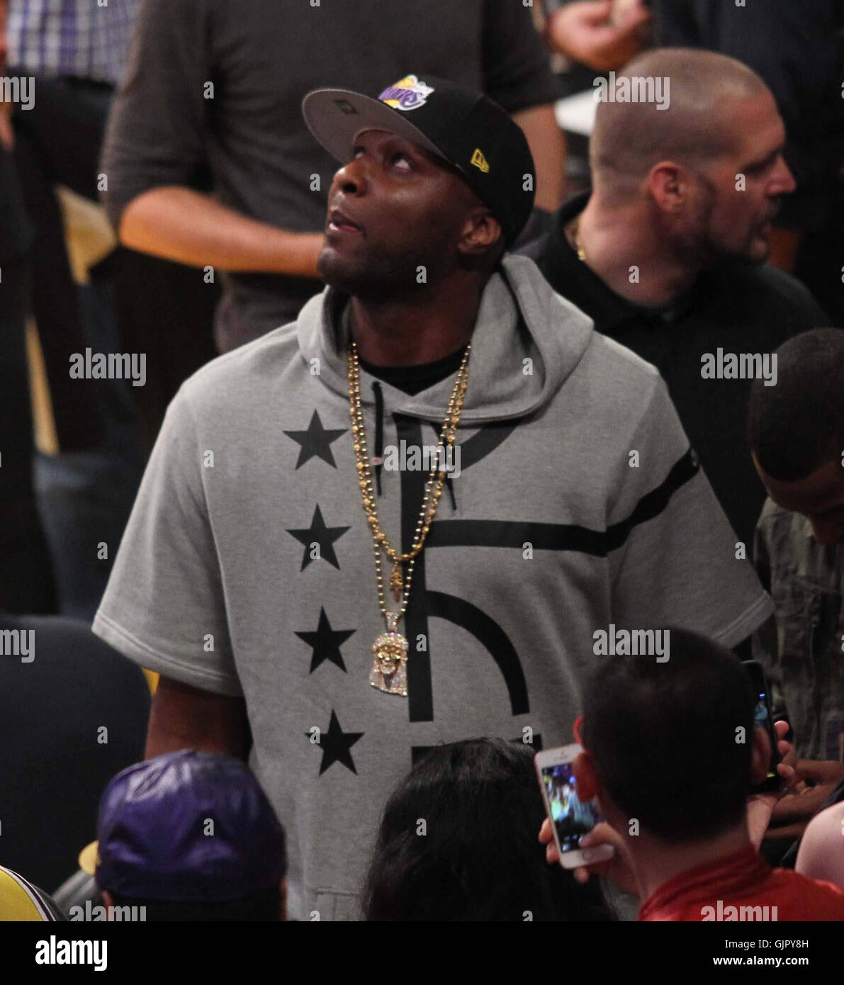 Mittwoch, 13. April 2016; Promis, bei der Lakers-Spiel. Die Los Angeles Lakers besiegte die Utah Jazz mit dem Endstand von 101-96 in Lakers Kobe Bryant letzten NBA-Spiel im Staples Center in der Innenstadt von Los Angeles, CA.  Mitwirkende: Lamar Odom Where: Los Ange Stockfoto