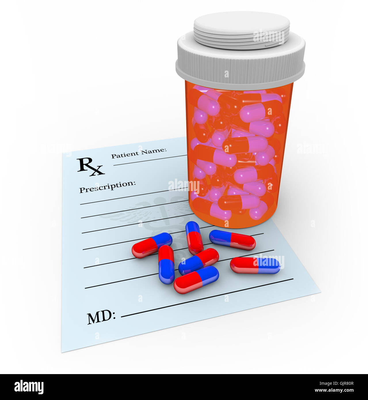 Kapsel-Pillen - Rezept und Medizin-Flasche Stockfoto