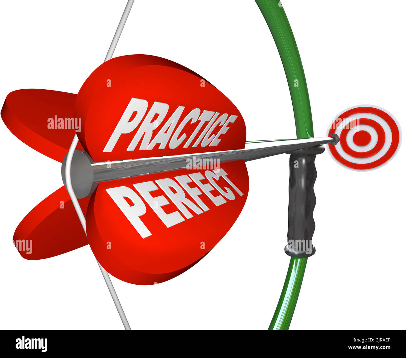 Praxis macht perfekt - Pfeil und Bogen, die darauf abzielen, Bullseye Stockfoto