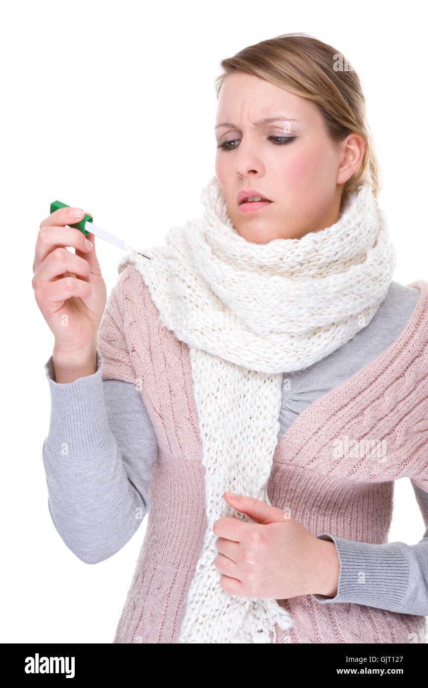 Frau mit Fieberthermometer Stockfoto