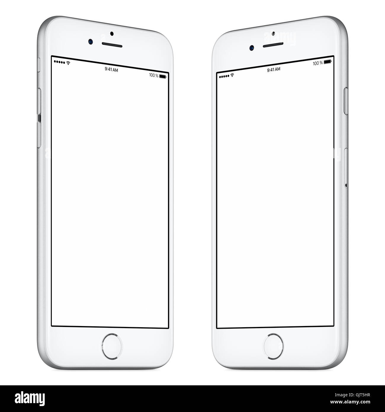 Weiße mobile Smartphone-Modell leicht gedreht beidseitig mit unbelegten Schirm isoliert auf weißem Hintergrund. Qualitativ hochwertige Studio gedreht. Stockfoto