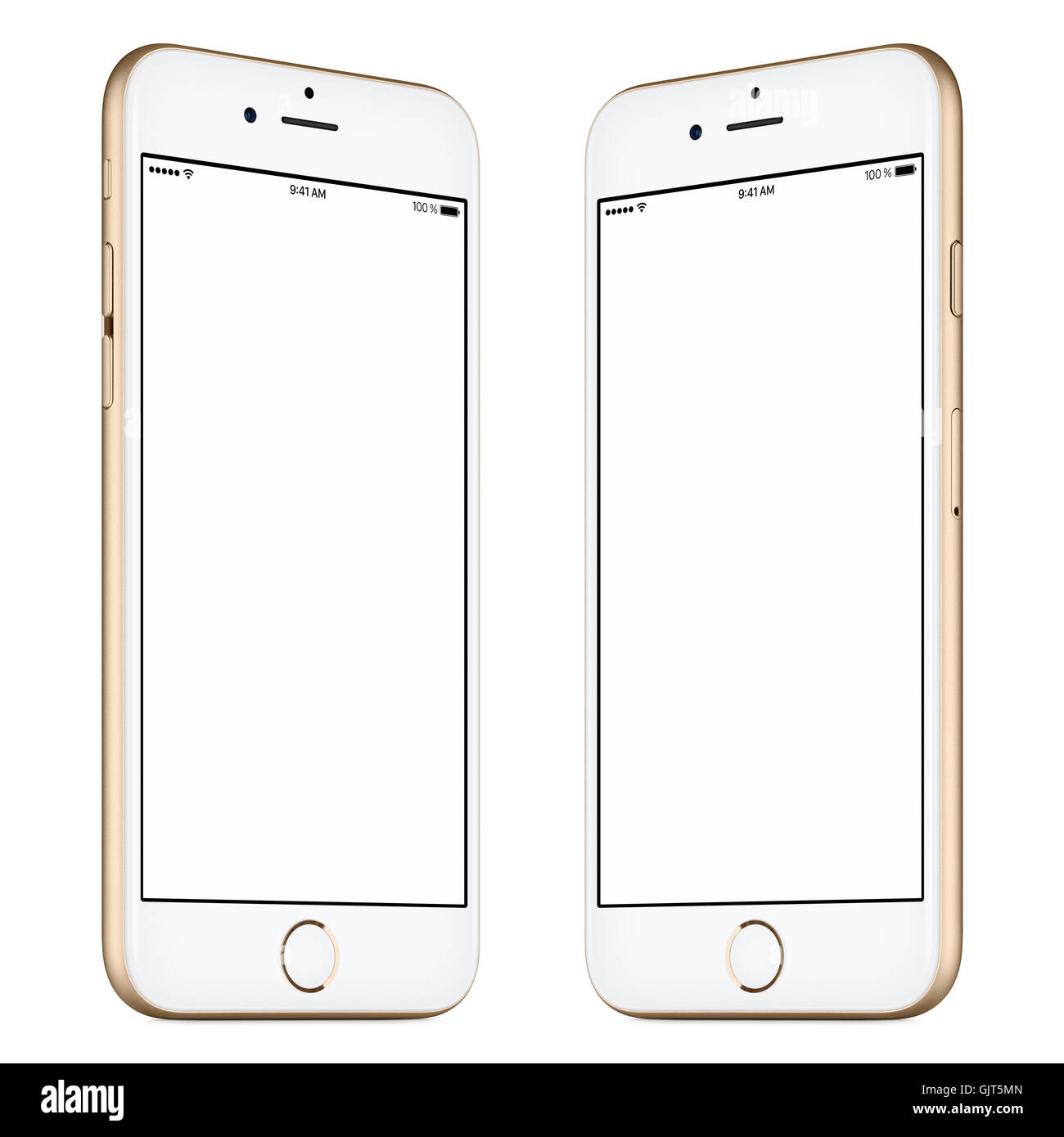 Smartphone. Dieses Smartphone-Modell umfasst beide Seiten leicht gedrehten gold Smartphone mit leeren Vorlage Bildschirm. Stockfoto