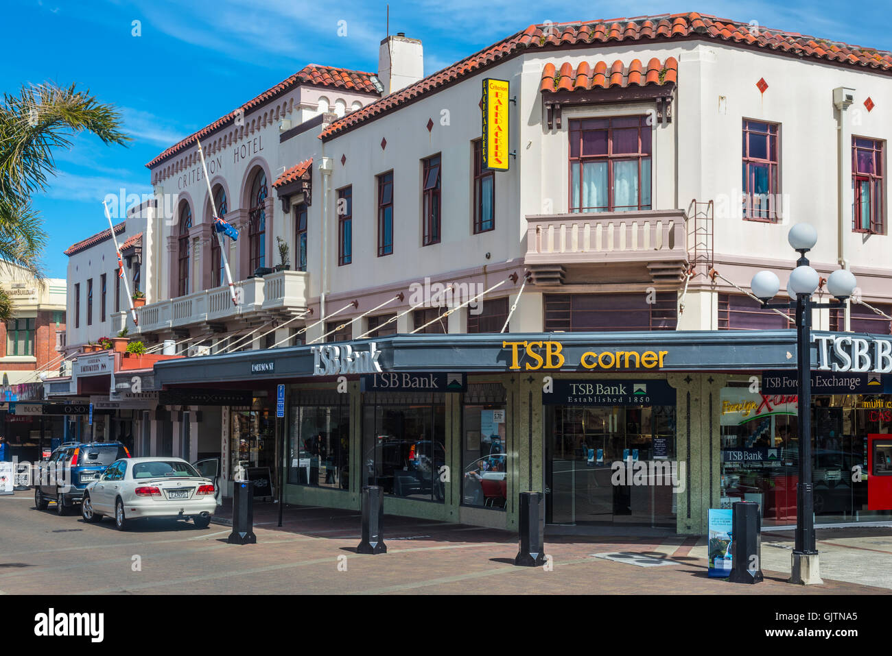 Spanish Mission Stil Gebäude in Napier, Hawkes Bay, Neuseeland. Stockfoto
