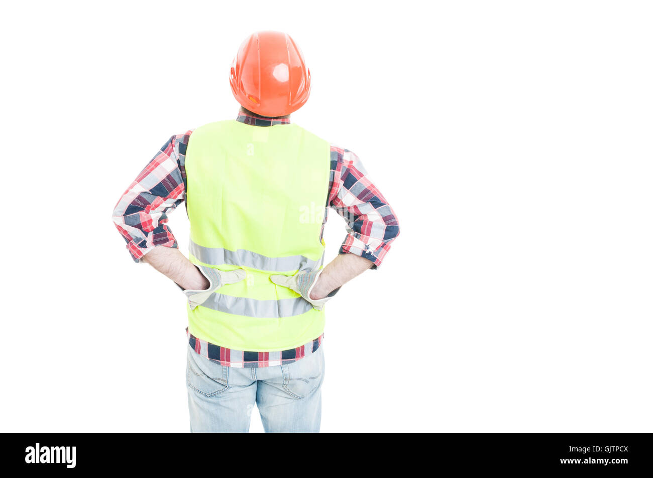 Männliche Ingenieur hält seine Hände am unteren Rücken als Lendenwirbelsäule Verletzungen Konzept isoliert auf weißem Hintergrund Stockfoto