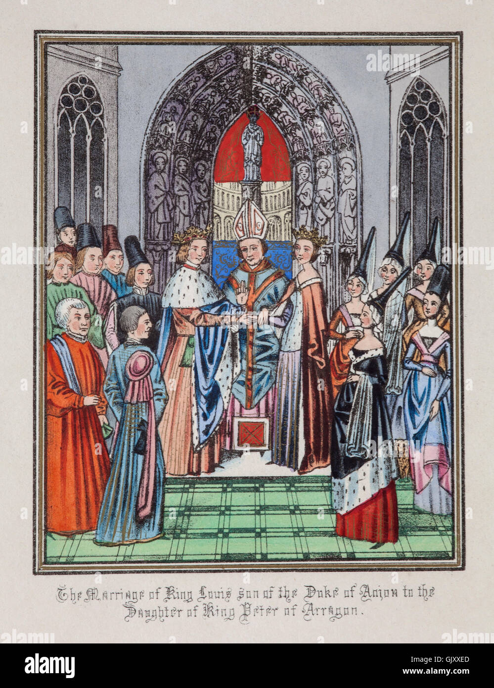 Die Ehe des Königs Louis II (1377 – 1417) von Sizilien, Sohn von Herzog von Anjou, sein Cousin einmal entfernt, Yolande von Aragon (1384 – 1443), die Tochter von König Pedro von Aragon, in Arles im Jahre 1400 Stockfoto