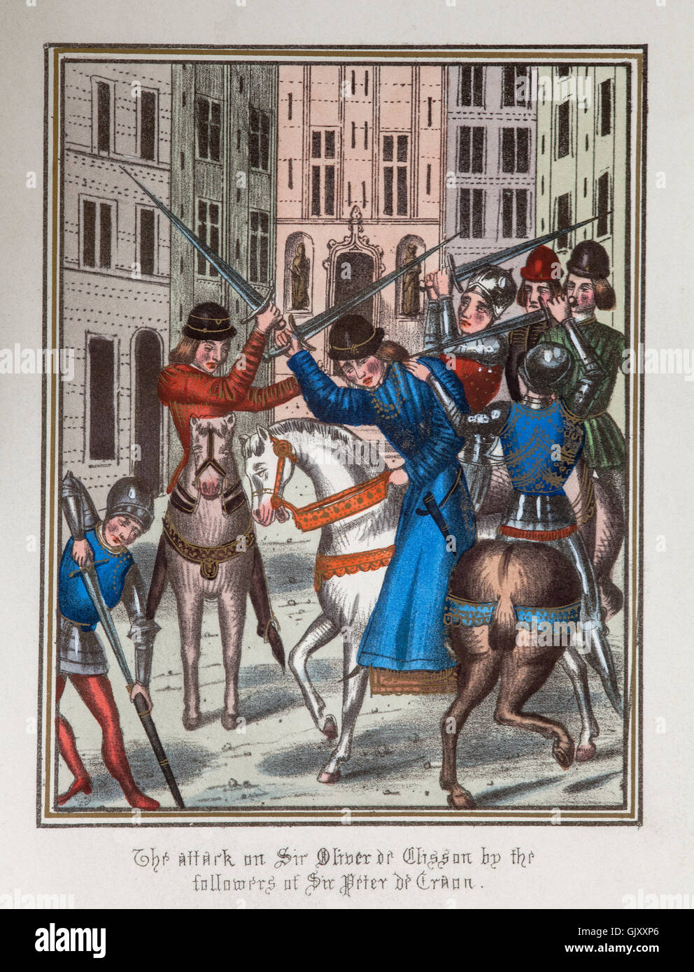 Der Angriff von den Anhängern des Sir Peter de Craon auf Sir Oliver de Clisson(1336 – 1407), den Spitznamen "The Butcher".  Er war ein bretonischer Soldat, der Sohn von Olivier IV de Clisson, die zum Tod im Jahre 1343 auf den Verdacht der haben die Engländer bis Nantes geben wollte gesetzt wurde. Stockfoto