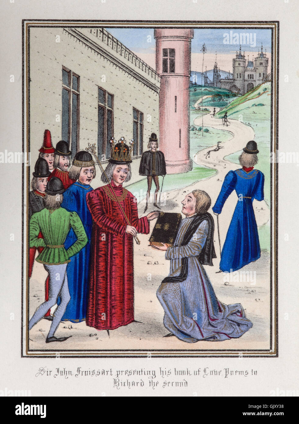 Im Jahre 1395 Rückkehr des Jean Froissart König Richard II. von England nach dem Schriftsteller ein Buch von Liebesgedichten vorlegen. Stockfoto