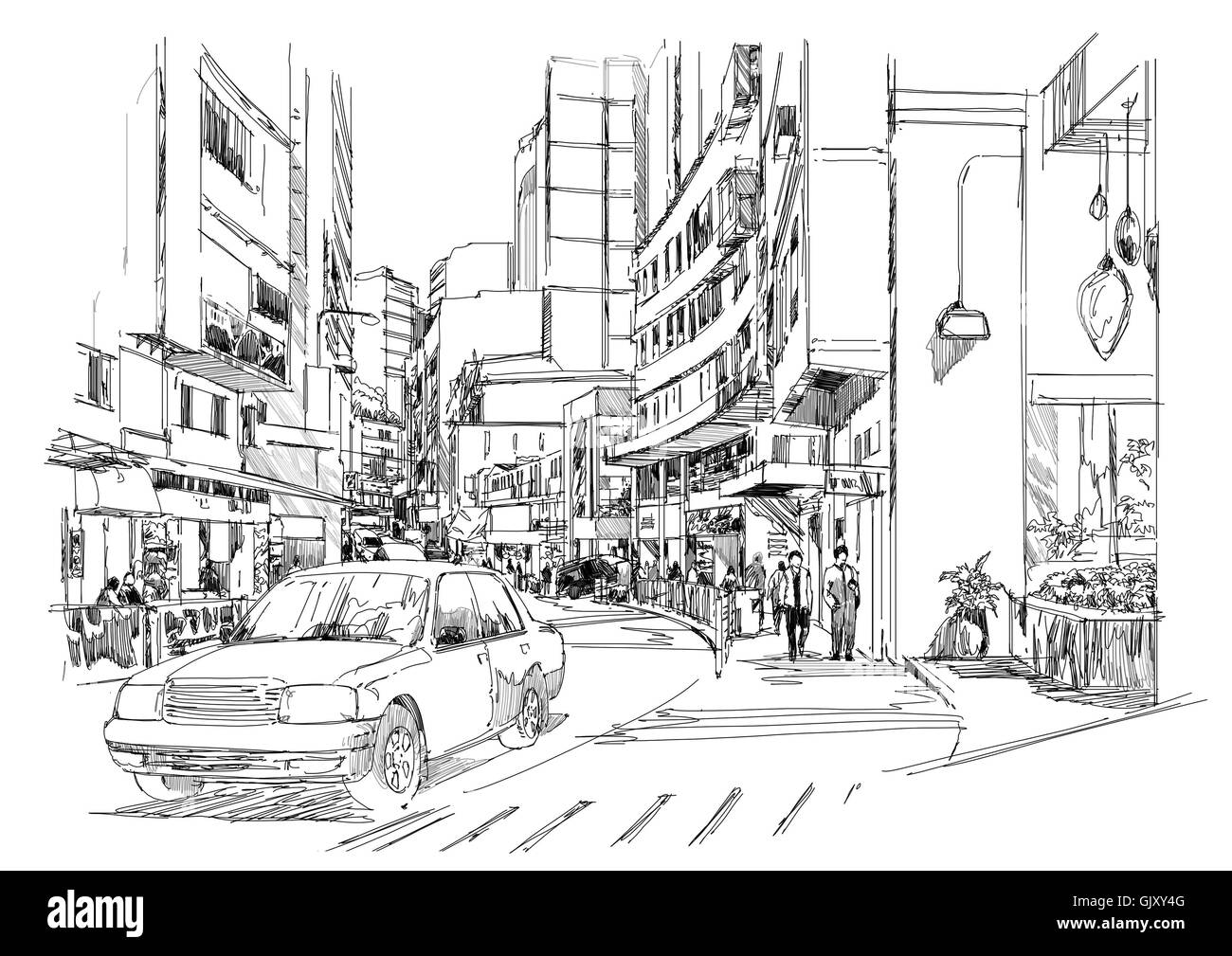 Skizze der Stadt Straße, Stadtbild, Illustration, Zeichnung Stockfoto