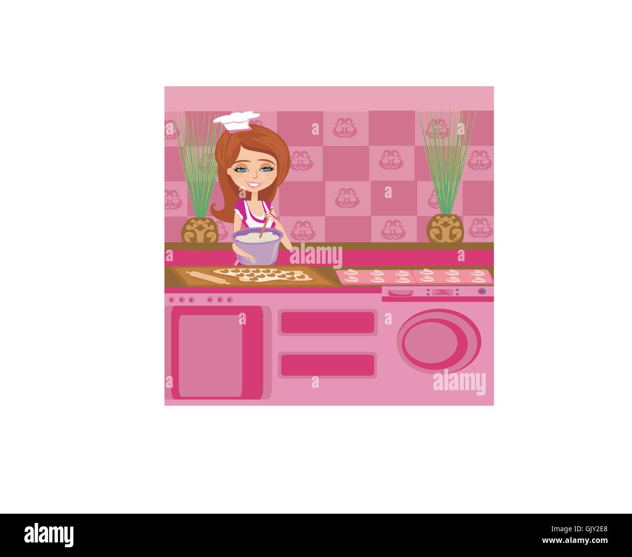 Schöne Hausfrau den Teig vorbereiten, in muffins Stock Vektor