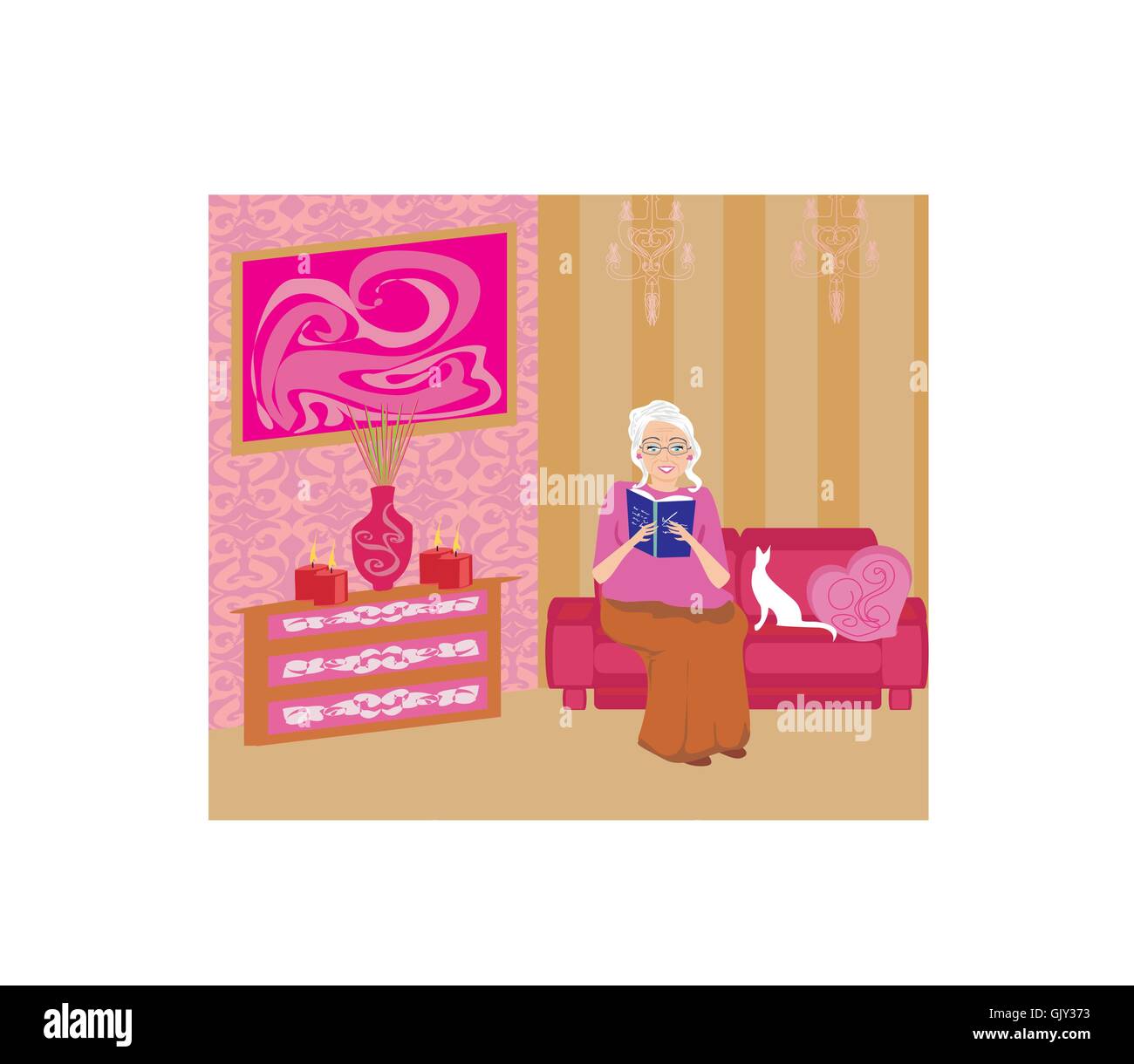 Ältere Frau im Wohnzimmer ein Buch zu lesen Stock Vektor
