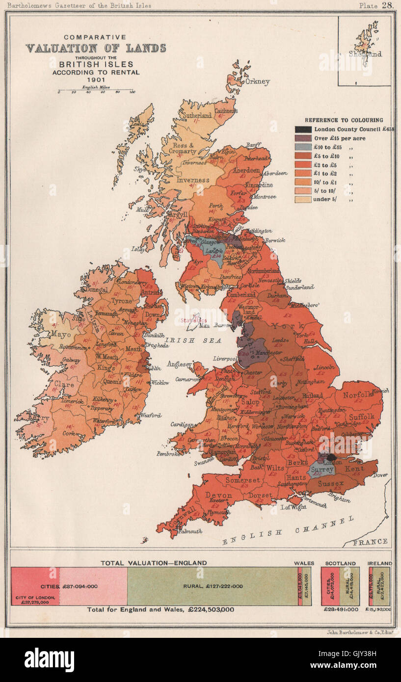 BRITISCHEN INSELN. Vergleichende Land Bewertung. Vermietung-Werte. Bartholomäus, 1904-Karte Stockfoto