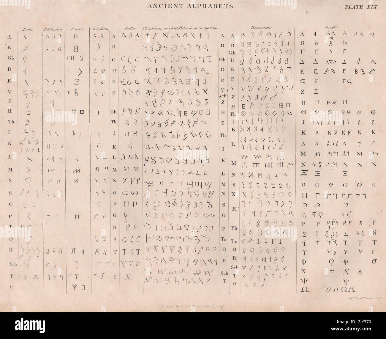 Alten Alphabete. Punischen Pelagasian Oscan arkadischen gallischen Hetruscan hebräischen 1860 Stockfoto