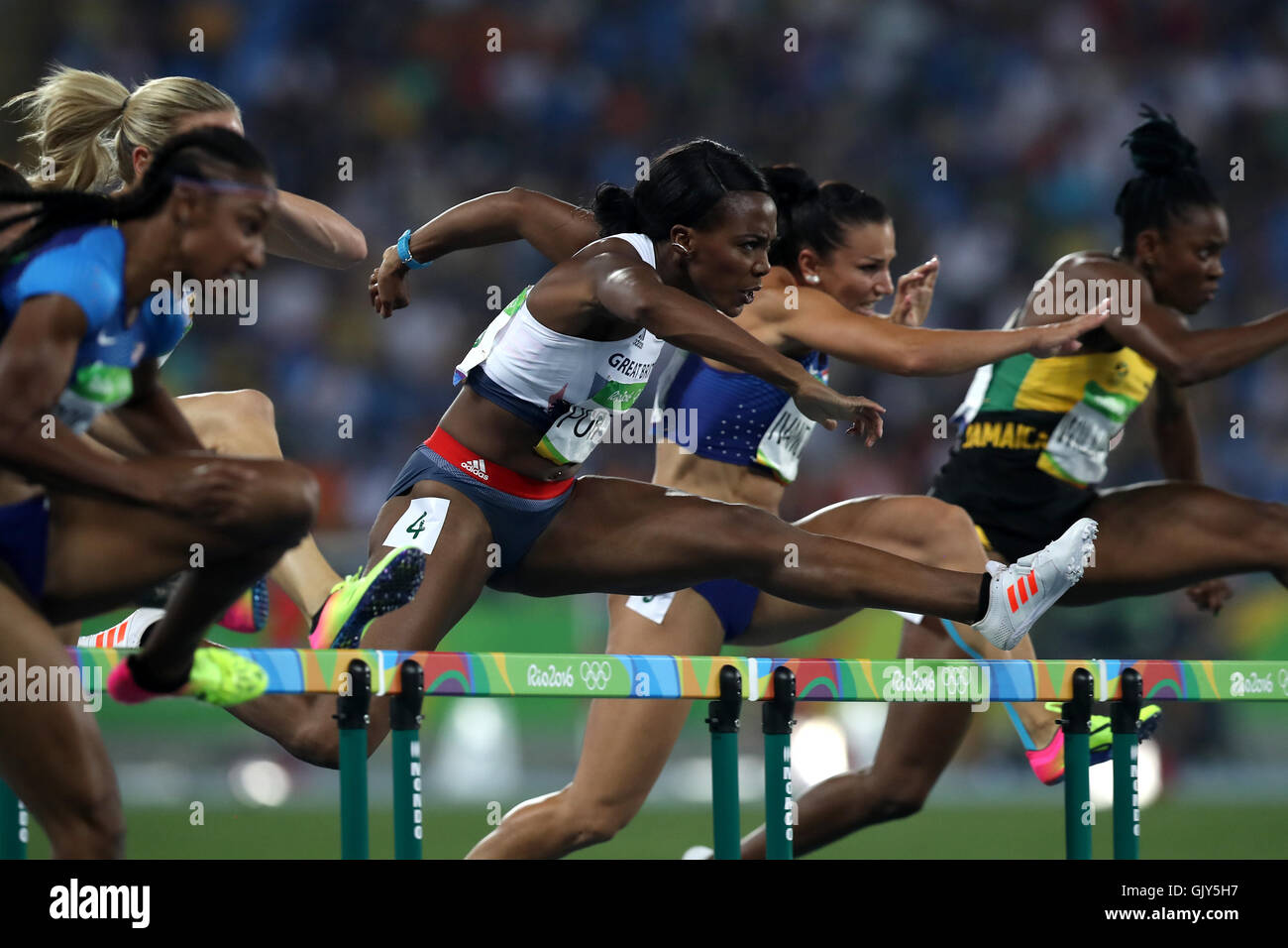 Die britische Tiffany Porter beim ersten Halbfinale der Frauen über 100 Meter Hürden im Olympiastadion am zwölften Tag der Olympischen Spiele in Rio, Brasilien. Bilddatum: Mittwoch, 17. August 2016. Bildnachweis sollte lauten: Mike Egerton/PA Wire. Stockfoto