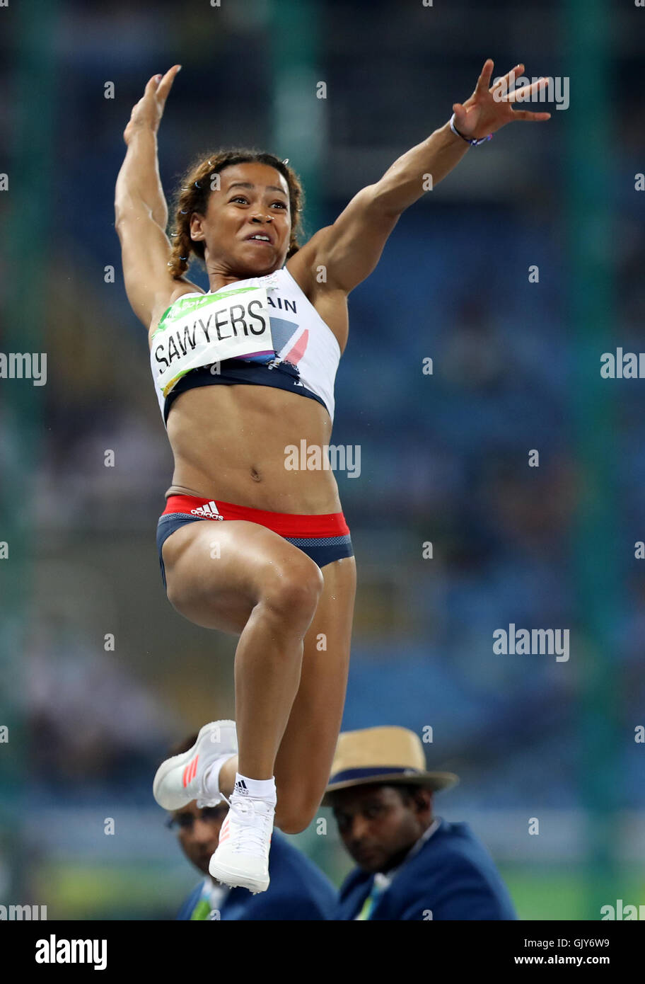 Großbritanniens Jazmin Swayers beim Finale der Frauen im Long Jump im Olympiastadion am zwölften Tag der Olympischen Spiele in Rio, Brasilien. Bilddatum: Mittwoch, 17. August 2016. Bildnachweis sollte lauten: Mike Egerton/PA Wire. Stockfoto