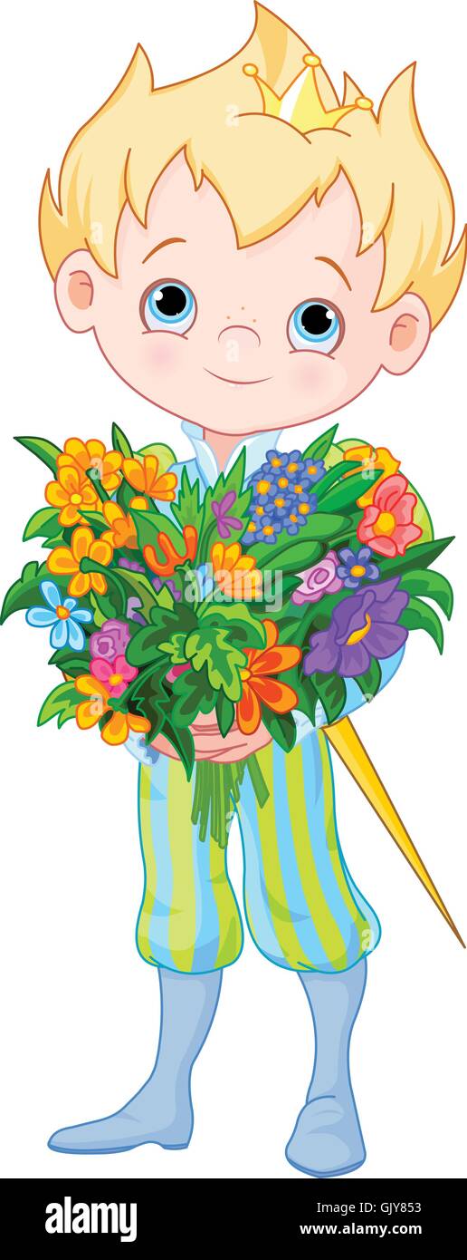 Niedliche kleine Prinz hält Blumen Stock Vektor