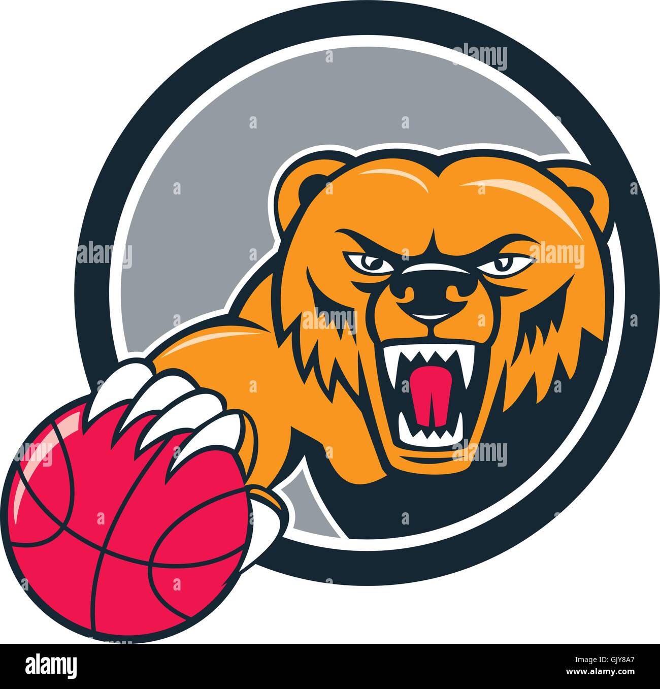 Grizzly Bären wütend Kopf Basketball Cartoon Stock Vektor