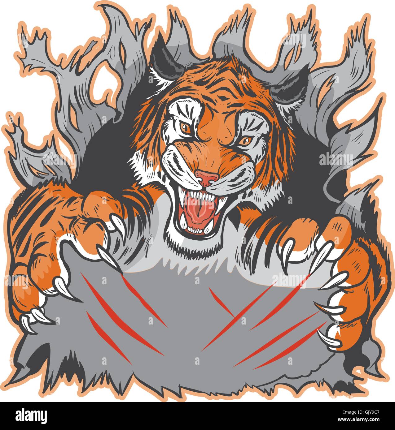 Cartoon Clip Art Illustration Vorlage von einem Tiger Maskottchen Rippen oder kratzen aus dem Hintergrund. Stock Vektor