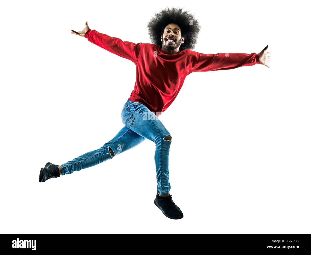 ein afrikanischer Mann Tänzer tanzen in der Silhouette isoliert auf weißem Hintergrund Stockfoto