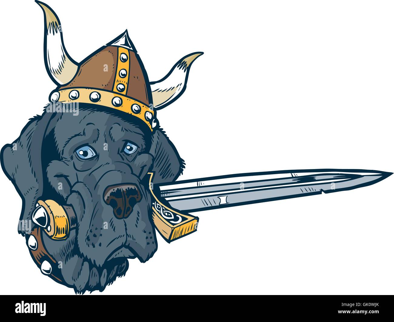 Cartoon Clip Art Vektorgrafik eine lustige süße blaue Deutsche Dogge Hund Kopf Viking Maskottchen. Stock Vektor