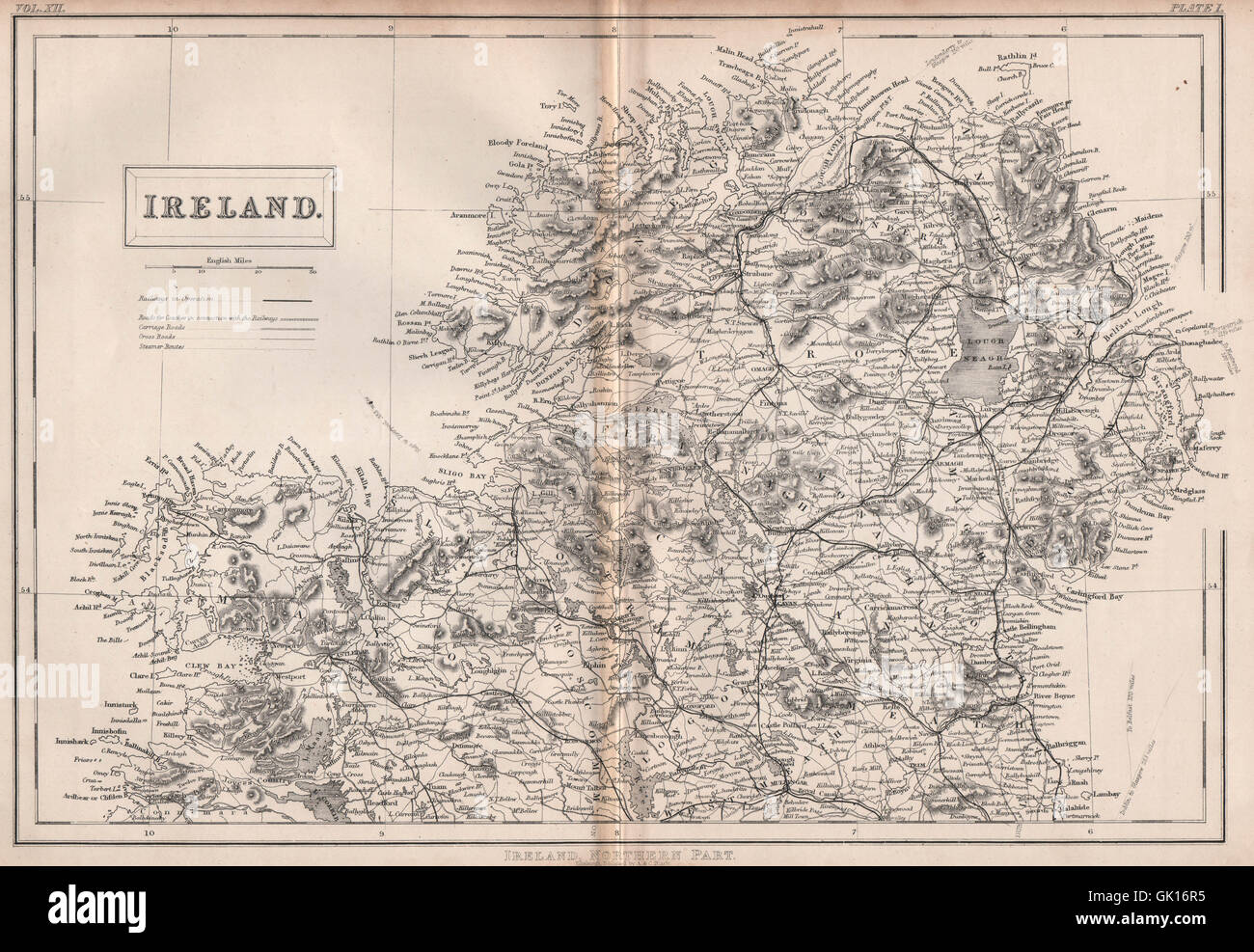 IRLAND NORDEN. Eisenbahn & coaching Routen. BRITANNICA, 1860 Antike Landkarte Stockfoto