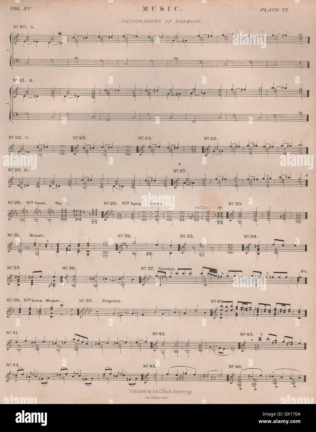 Musik. Illustrationen von Harmonie. Haydn Mozart Pergolesi. BRITANNICA, 1860 Stockfoto