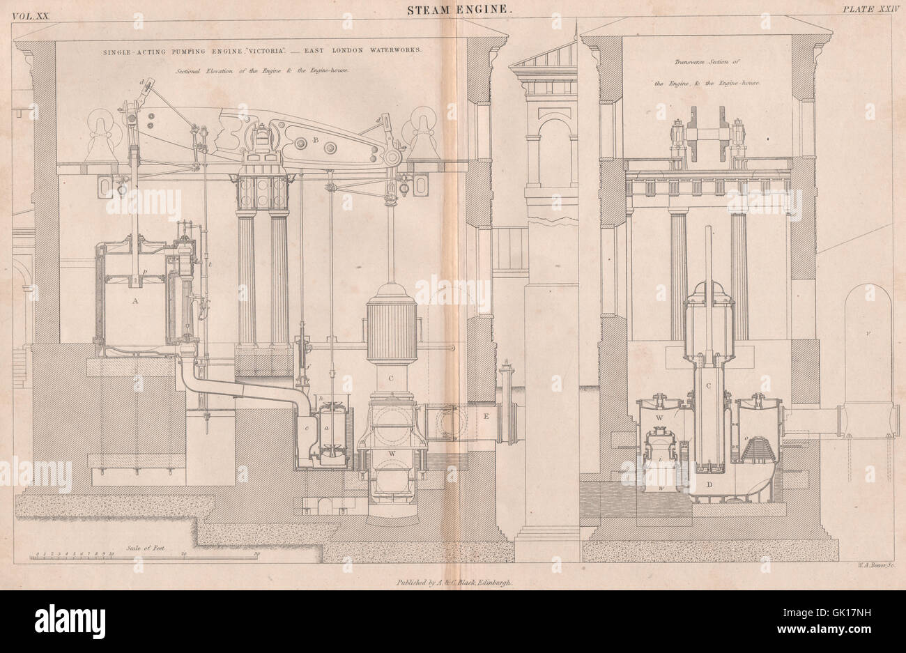 VIKTORIANISCHE Dampfmaschine Zeichnung 'Victoria', East London Wasserwerk drucken 1860 Stockfoto