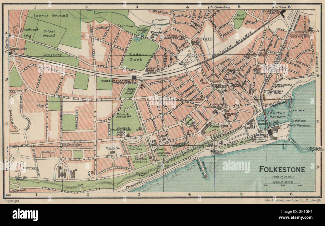 FOLKESTONE. Karte Stadtplan Vintage Stadt. Kent, 1939 Stockfotografie