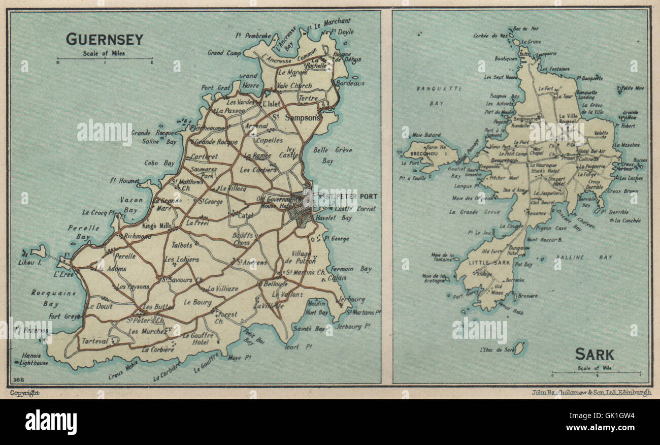 GUERNSEY & SARK. Vintage Karte Plan. Kanalinseln. St Peter Port, 1939 Stockfoto
