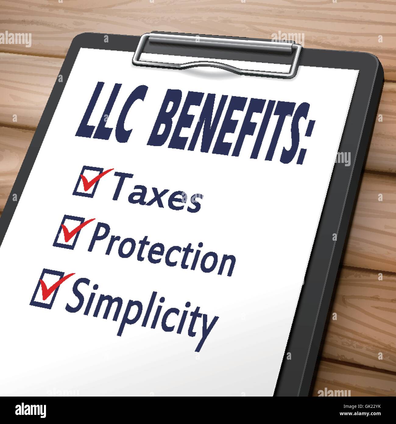 LLC Vorteile Zwischenablage 3D-Bild mit Kontrollkästchen markiert für Steuern, Schutz und Einfachheit Stock Vektor