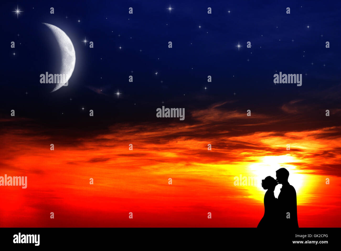 Sonnenuntergang, romantischen Kuss Stockfoto