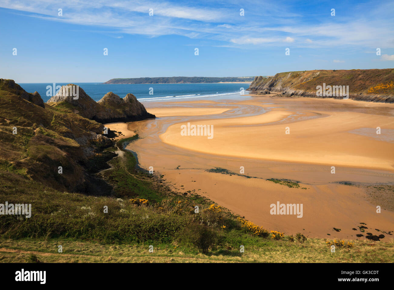 Drei Klippen Bucht gefangen genommen von Pennard Burrows auf Gower in Südwales. Stockfoto