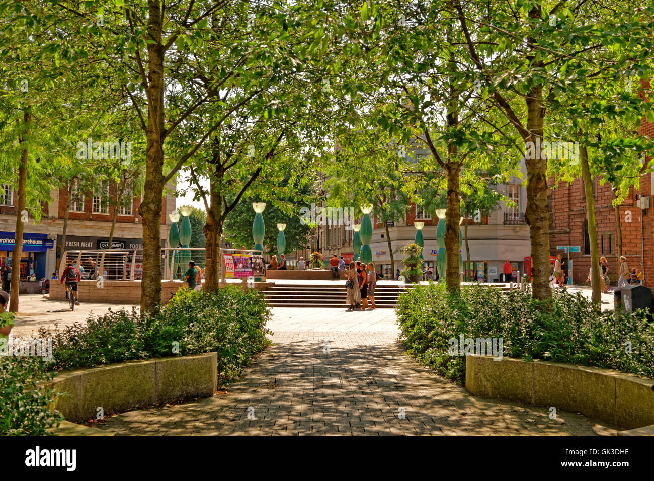 Warrington Stadtzentrum Suche von Horsemarket Straße bis Kreis beitreten Bridge Street, Buttermarket Street und Sankey Street Stockfoto