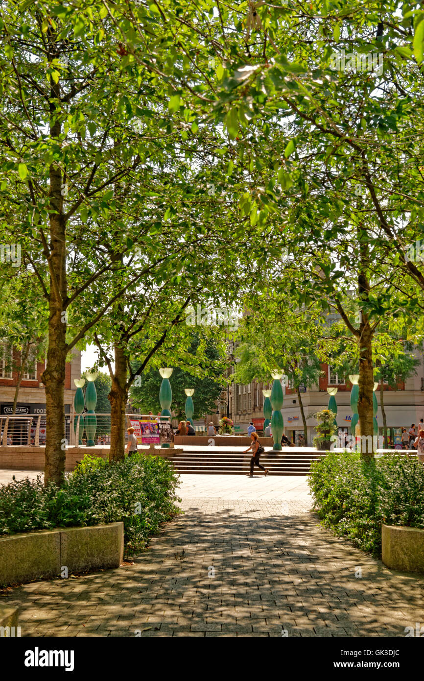 Warrington Stadtzentrum bei der Suche von Horsemarket Straße Kreis beitreten Bridge Street, Buttermarket Street und Sankey Street Stockfoto